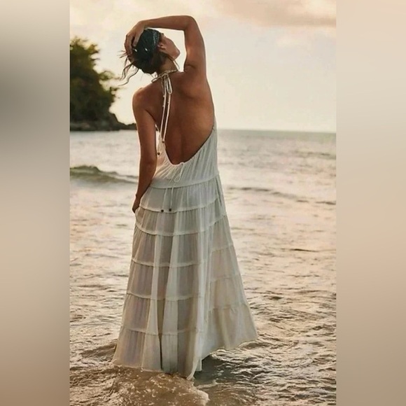 Free People Somewhere Sunny Drop Waist Halter Maxi Dress in White Swan - Picture 5 of 7